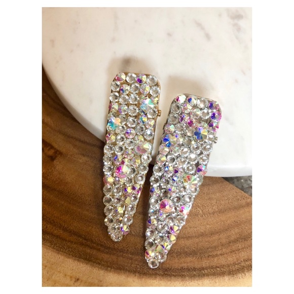 Iridescent Crystal Covered Barrette Hair Clips - Picture 7 of 8